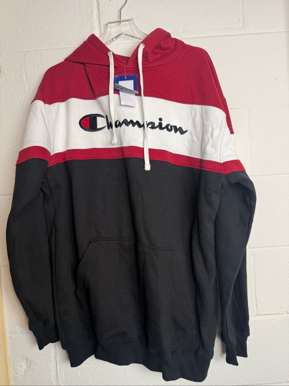 Champion Men’s 2XLT Hoodie Red White Navy Colorblock Script Logo Pullover NWT